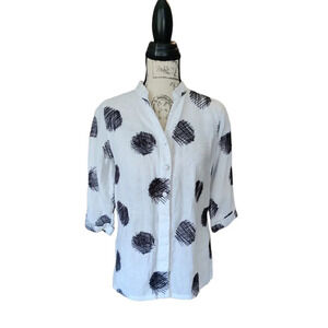 Tweeds 100% Linen Blouse Button Down 3/4 Sleeve White Black Embroidered Size S